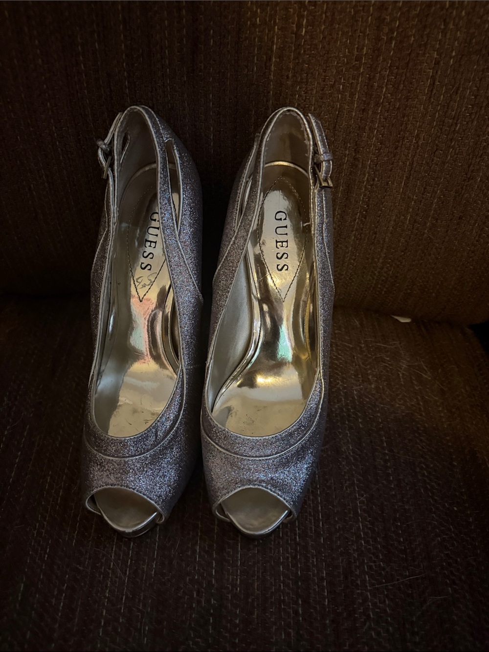 GUESS Glitter Peep-Toe Slingback Heels in Silver